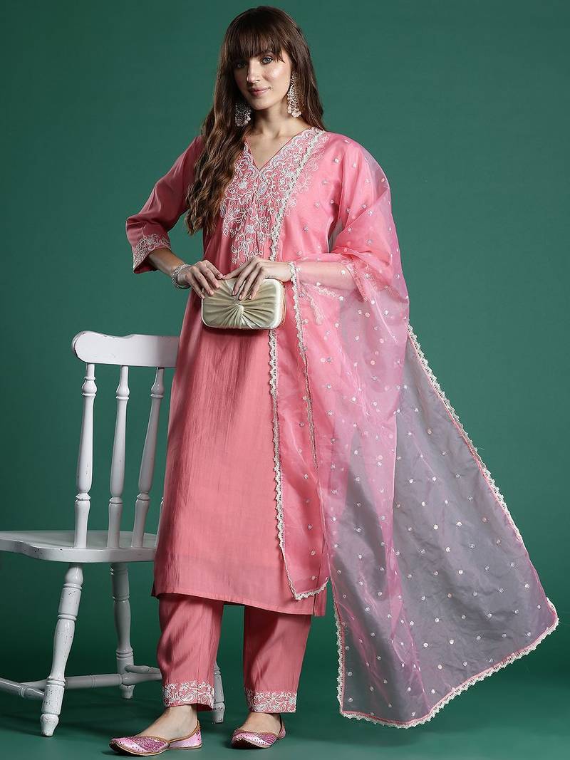 Floral Embroidered Sequinned Liva Kurta With Trousers & Dupatta