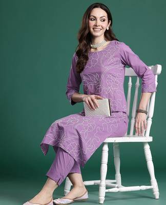 Floral Embroidered Thread Work Pure Cotton Kurta with Trousers 1