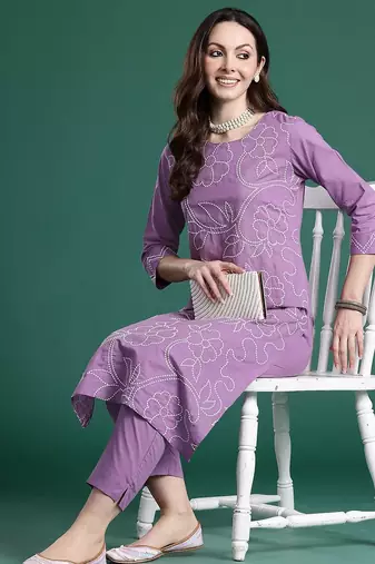 Floral Embroidered Thread Work Pure Cotton Kurta with Trousers