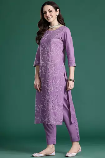 Floral Embroidered Thread Work Pure Cotton Kurta with Trousers