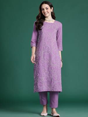 Floral Embroidered Thread Work Pure Cotton Kurta with Trousers 6