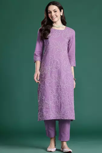 Floral Embroidered Thread Work Pure Cotton Kurta with Trousers