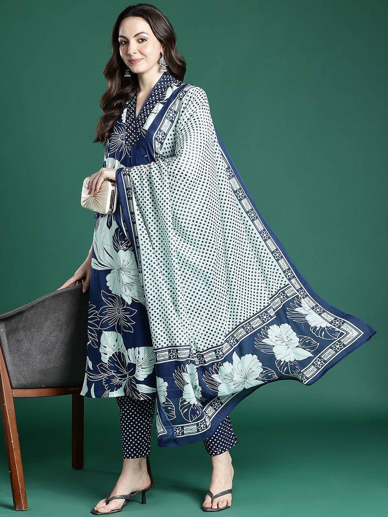 Floral Printed Regular Pure Cotton Kurta with Trousers & Dupatta