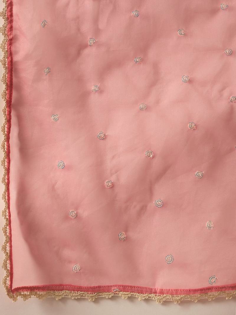 Floral Embroidered Liva V-Neck Straight Kurta With Trousers And Dupatta