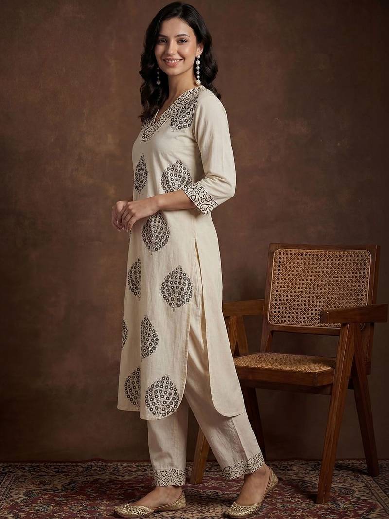 Women Ethnic Motifs Printed Regular Sequinned Pure Cotton Kurta with Palazzos