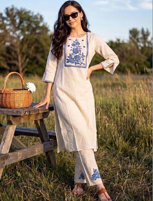Women Floral Embroidered Regular Thread Work Pure Cotton Kurta with Trousers 1