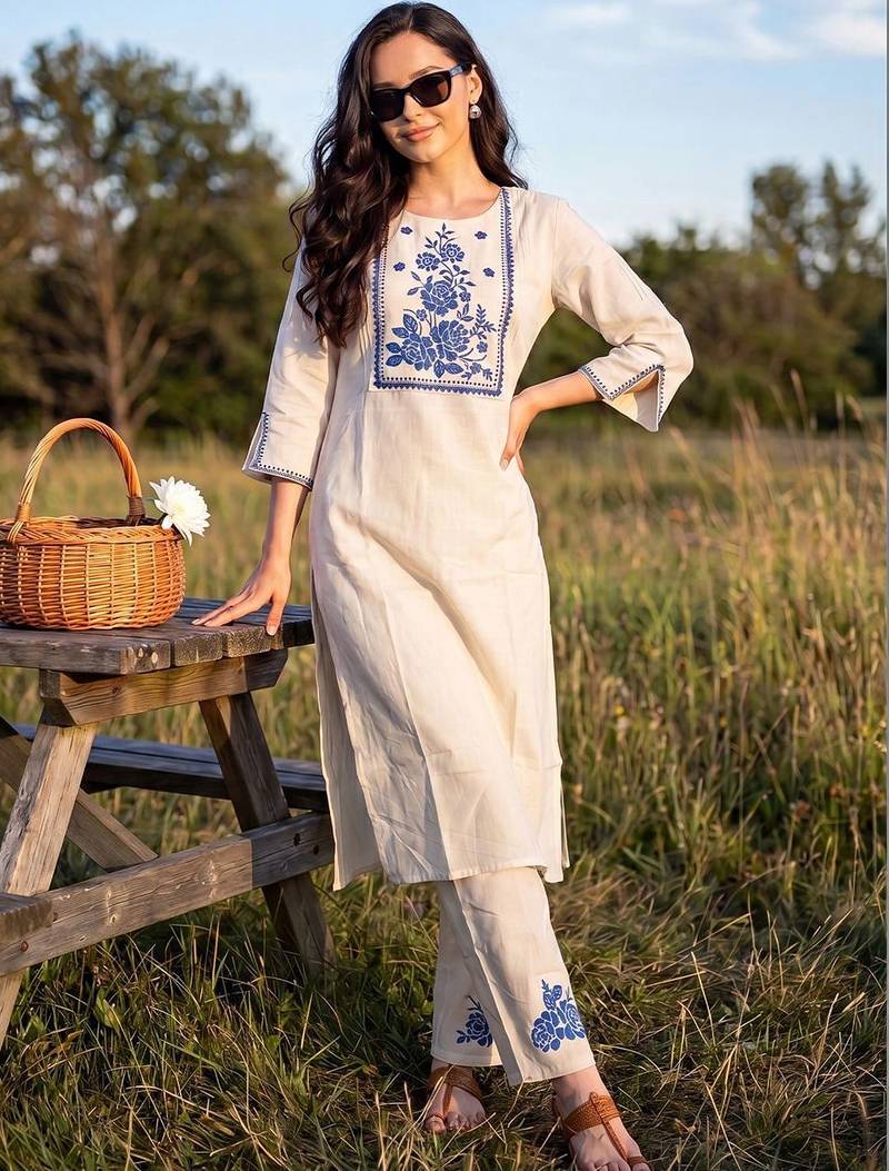 Women Floral Embroidered Regular Thread Work Pure Cotton Kurta with Trousers