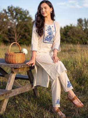 Women Floral Embroidered Regular Thread Work Pure Cotton Kurta with Trousers 5