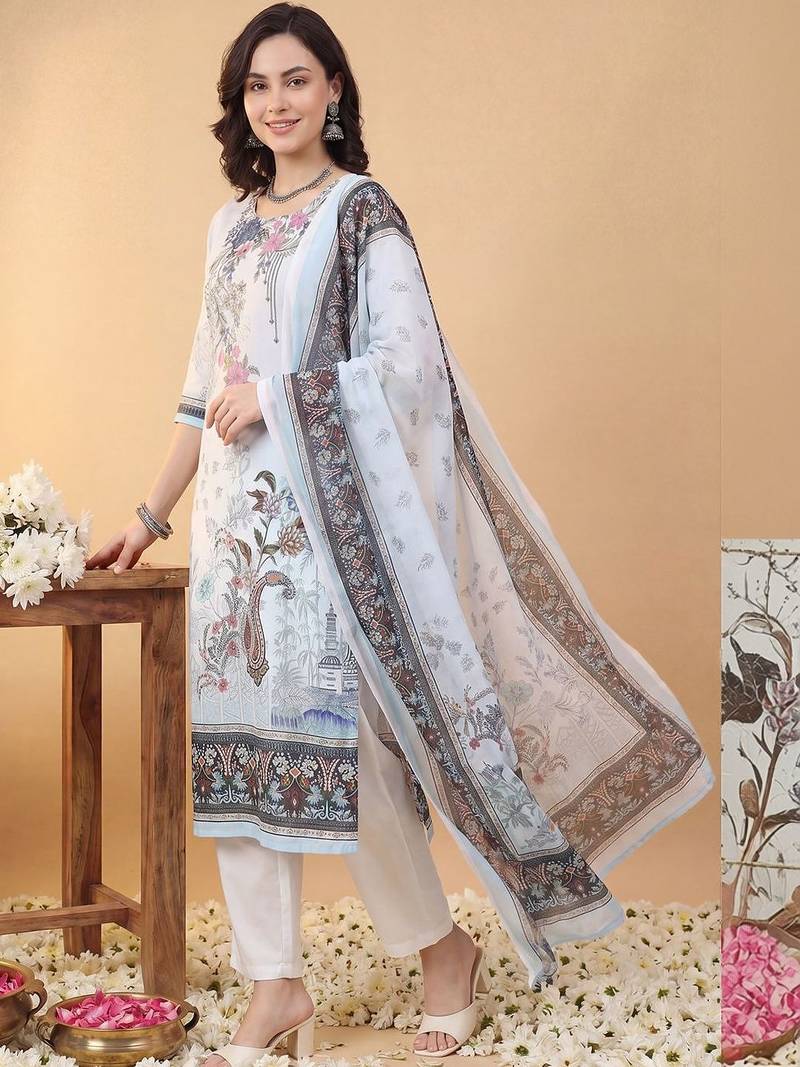 Women Floral Printed Regular Kurta with Trousers & With Dupatta