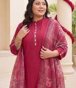 Plus Size Red Embroidered Straight Kurta Trousers With Dupatta Set