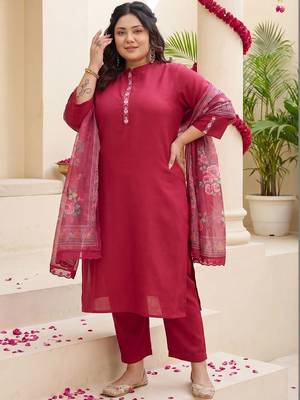 Plus Size Red Embroidered Straight Kurta Trousers With Dupatta Set 5