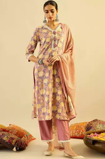 Floral Printed Pure Cotton Kurta With Trousers & Dupatta