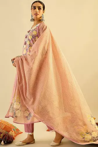 Floral Printed Pure Cotton Kurta With Trousers & Dupatta