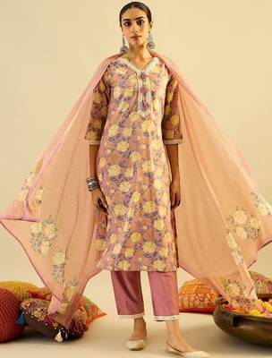 Floral Printed Pure Cotton Kurta With Trousers & Dupatta 7