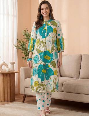 Women Floral Printed Band Collar Straight Kurta with Pyjamas 1