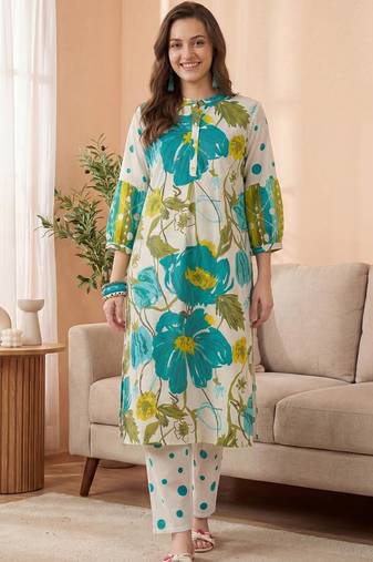 Women Floral Printed Band Collar Straight Kurta with Pyjamas