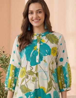 Women Floral Printed Band Collar Straight Kurta with Pyjamas 2