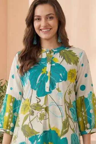 Women Floral Printed Band Collar Straight Kurta with Pyjamas