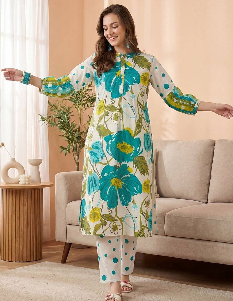 Women Floral Printed Band Collar Straight Kurta with Pyjamas