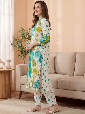 Women Floral Printed Band Collar Straight Kurta with Pyjamas 6