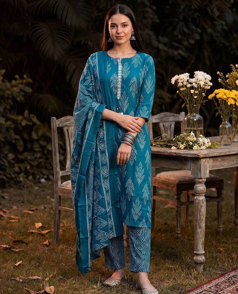 Women Ethnic Motifs Printed Regular Thread Work Linen Kurta with Trousers & With Dupatta