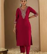 Women Ethnic Motifs Embroidered Regular Liva Straight Kurta with Trousers