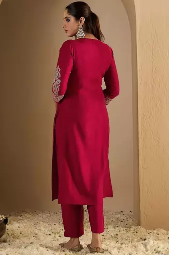 Women Ethnic Motifs Embroidered Regular Liva Straight Kurta with Trousers
