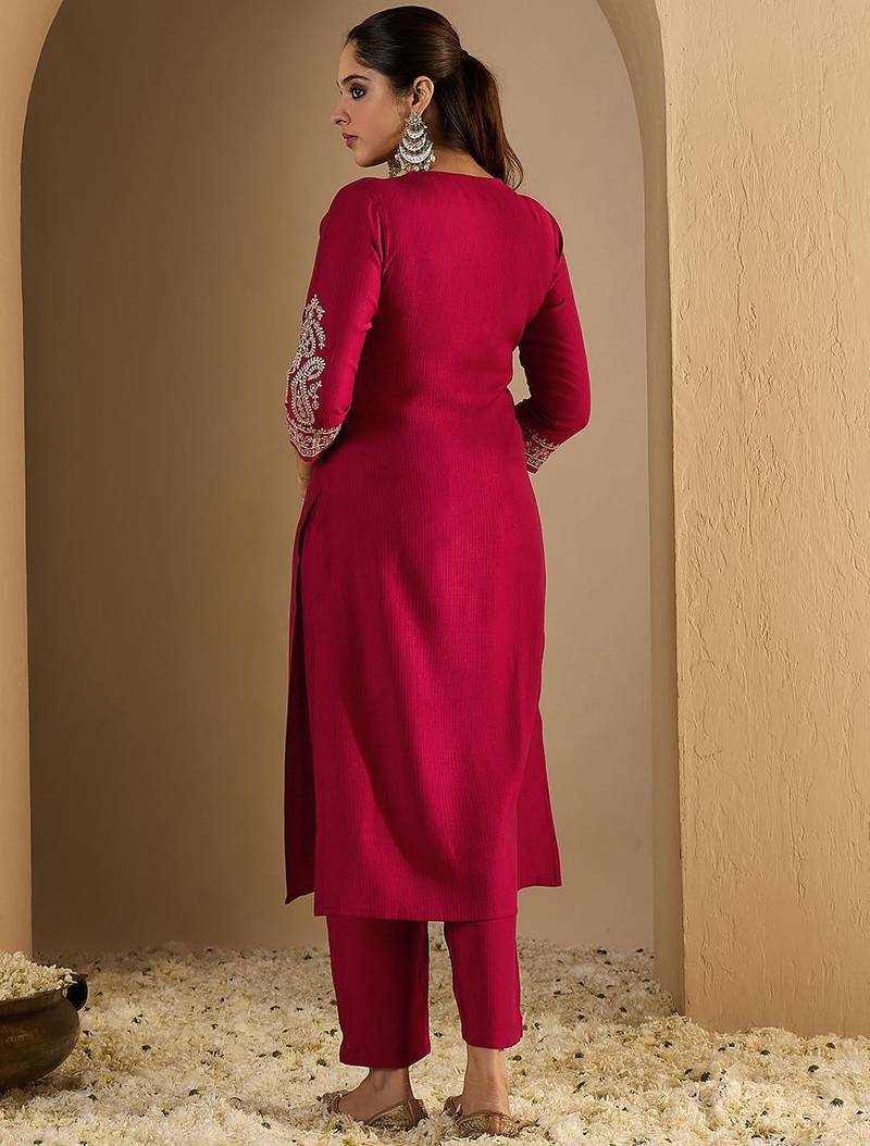 Women Ethnic Motifs Embroidered Regular Liva Straight Kurta with Trousers