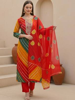 Women Leheriya Printed Regular Thread Work Kurta with Trousers & With Dupatta 1