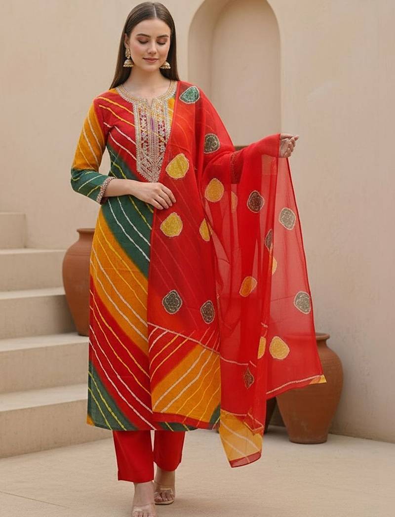 Women Leheriya Printed Regular Thread Work Kurta with Trousers & With Dupatta