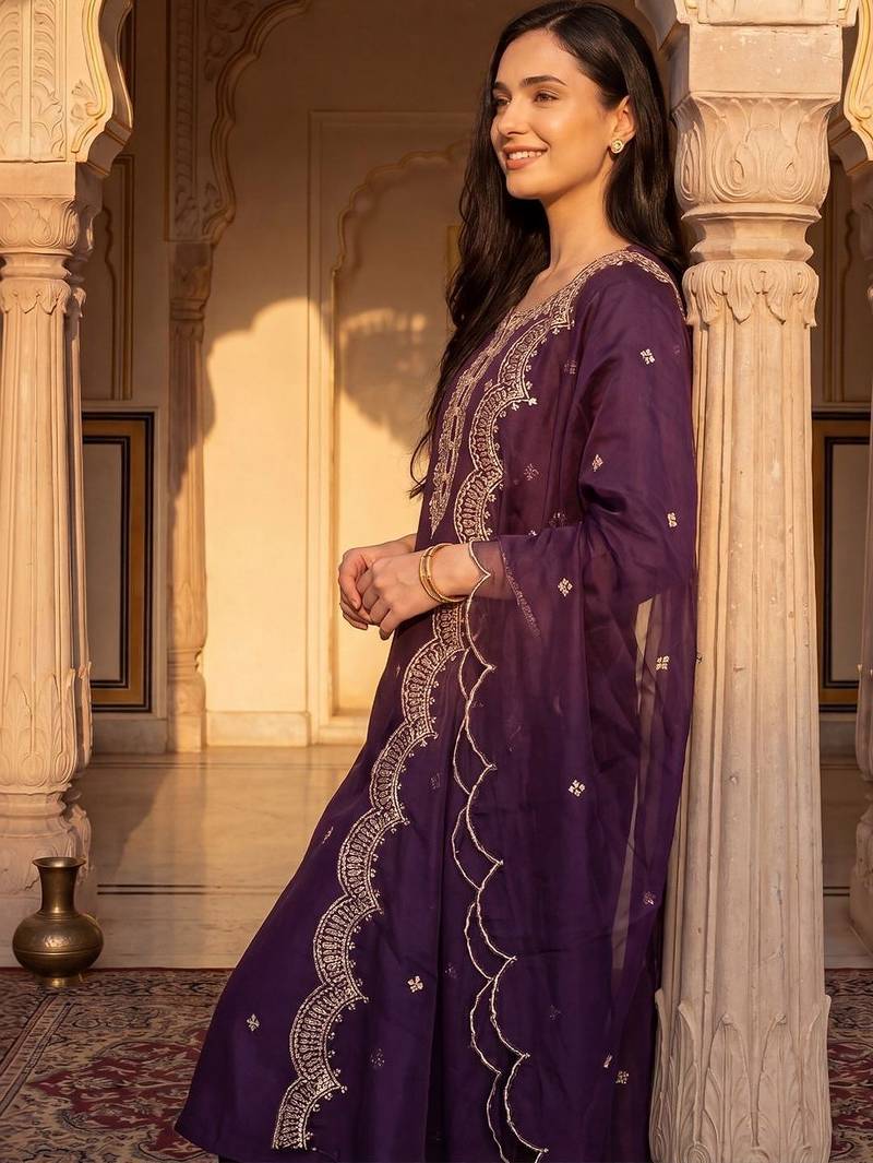Women Ethnic Motifs Embroidered Regular Thread Work Kurta with Trousers & With Dupatta