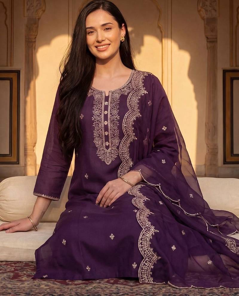 Women Ethnic Motifs Embroidered Regular Thread Work Kurta with Trousers & With Dupatta