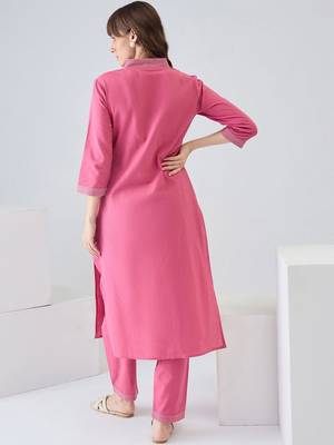 Women Dyed Regular Thread Work Kurta with Trousers 4
