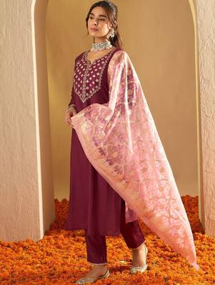 Ethnic Motifs Yoke Design Straight Gotta Patti Liva Kurta with Trousers & Dupatta 1