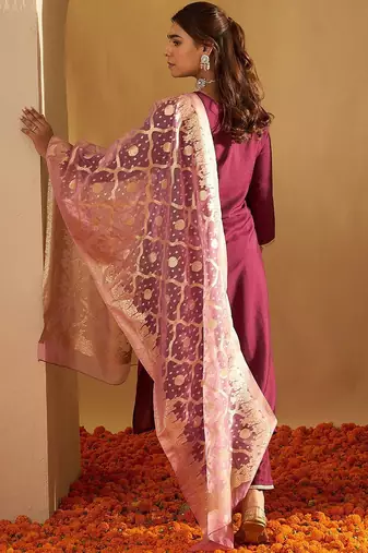 Ethnic Motifs Yoke Design Straight Gotta Patti Liva Kurta with Trousers & Dupatta