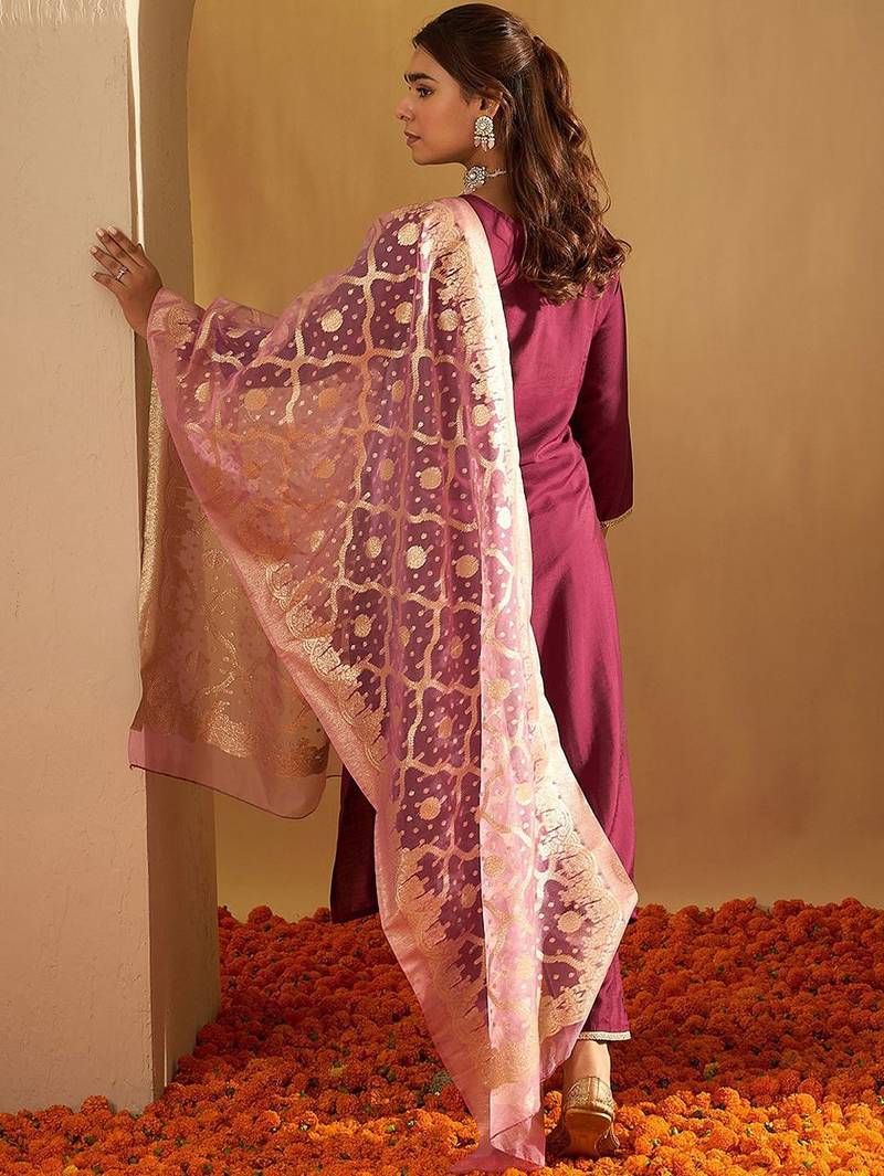 Ethnic Motifs Yoke Design Straight Gotta Patti Liva Kurta with Trousers & Dupatta