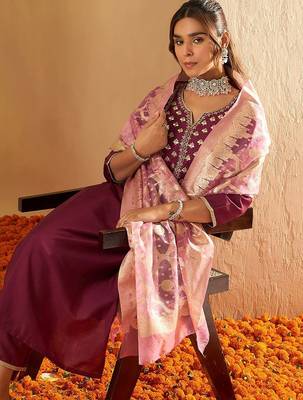 Ethnic Motifs Yoke Design Straight Gotta Patti Liva Kurta with Trousers & Dupatta 5