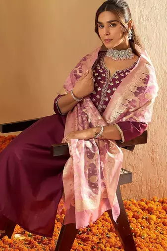 Ethnic Motifs Yoke Design Straight Gotta Patti Liva Kurta with Trousers & Dupatta