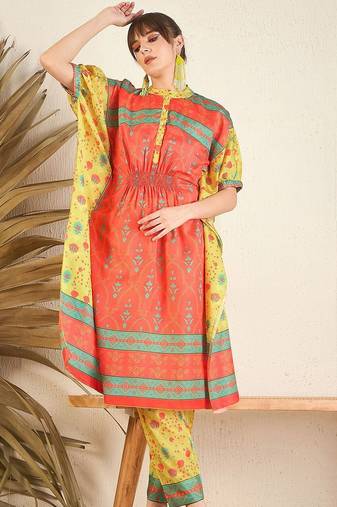 Orange Floral Printed Flared Kaftan Kurta with Trouser