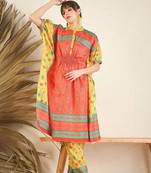 Orange Floral Printed Flared Kaftan Kurta with Trouser