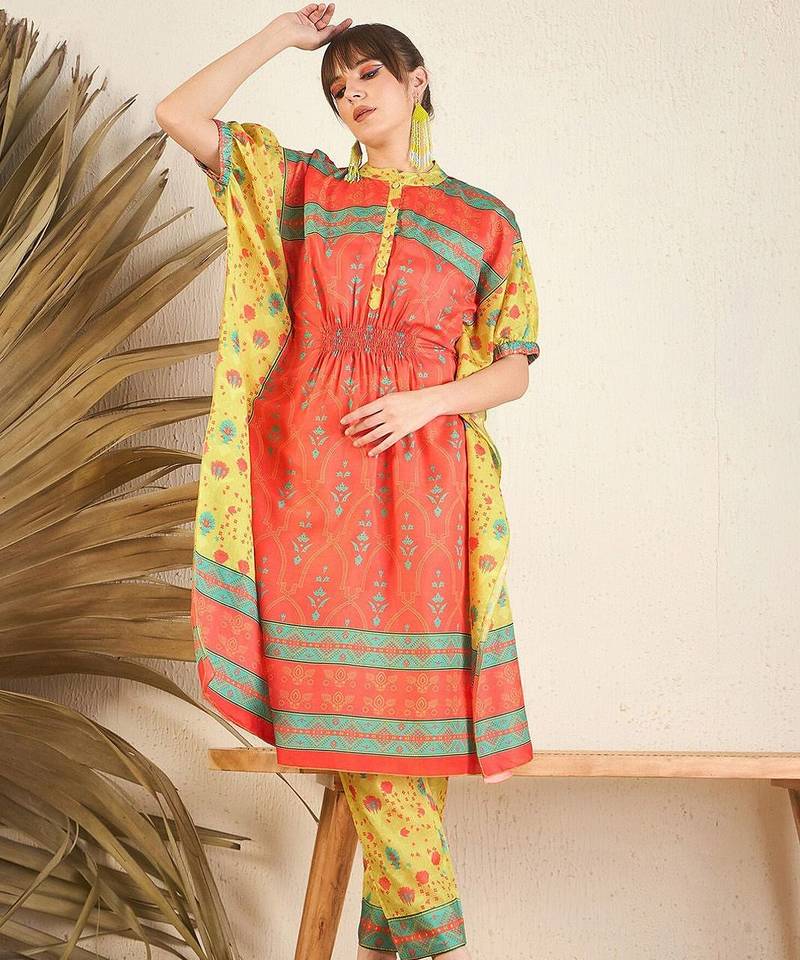 Orange Floral Printed Flared Kaftan Kurta with Trouser