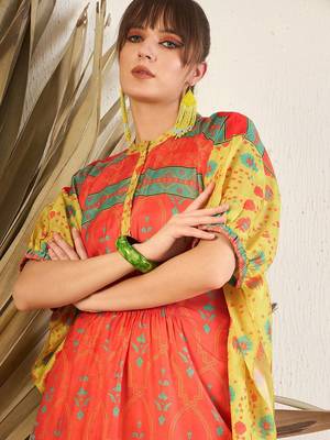 Orange Floral Printed Flared Kaftan Kurta with Trouser 2