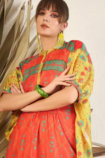 Orange Floral Printed Flared Kaftan Kurta with Trouser
