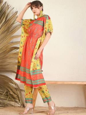 Orange Floral Printed Flared Kaftan Kurta with Trouser 4