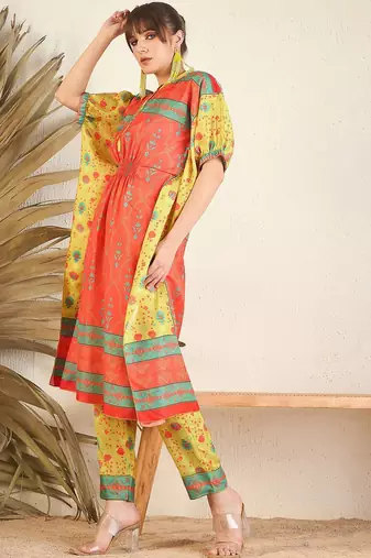 Orange Floral Printed Flared Kaftan Kurta with Trouser