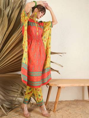 Orange Floral Printed Flared Kaftan Kurta with Trouser 5