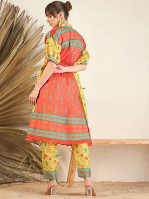 Orange Floral Printed Flared Kaftan Kurta with Trouser 6