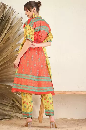 Orange Floral Printed Flared Kaftan Kurta with Trouser