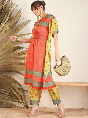 Orange Floral Printed Flared Kaftan Kurta with Trouser 7