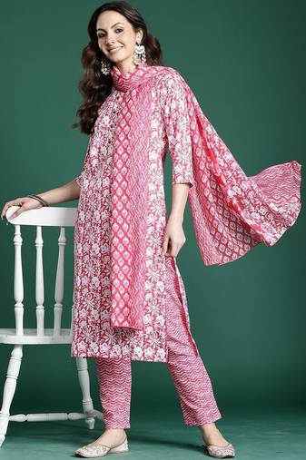 Women Ethnic Motifs Printed Regular Pure Cotton Kurta with Trousers & With Dupatta